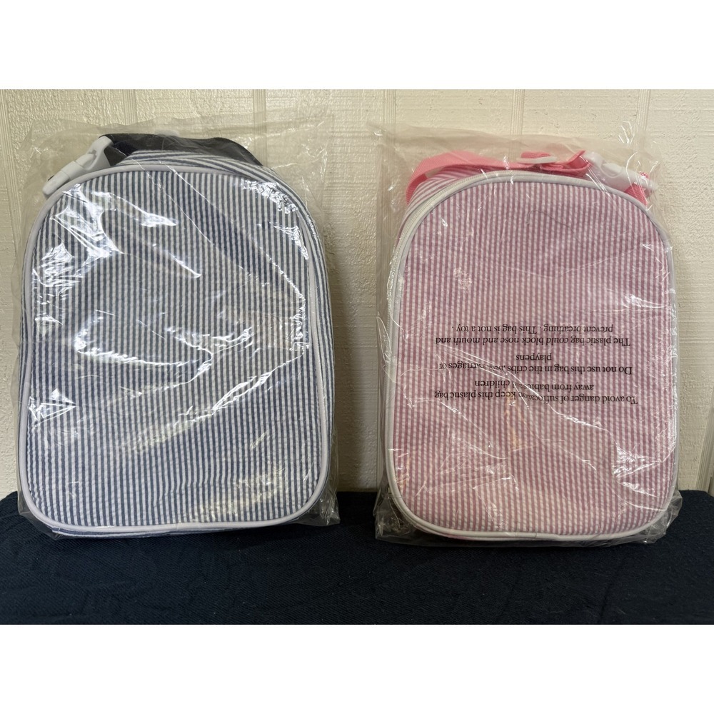 Seersucker Insulated Lunch Bags Pink and Blue Striped Kids Totes - Picture 2 of 5